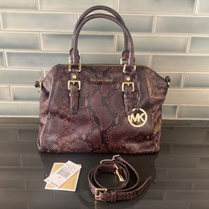 Michael Kors MK Bedford large satchel brown embossed leather bag EUC